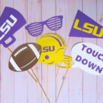 6 Football Themed Photo Booth Props including a megaphone, sunglasses, a pennant, a football, a helmet, and a touchdown voice bubble | 5 Amazing Football Party Decorations