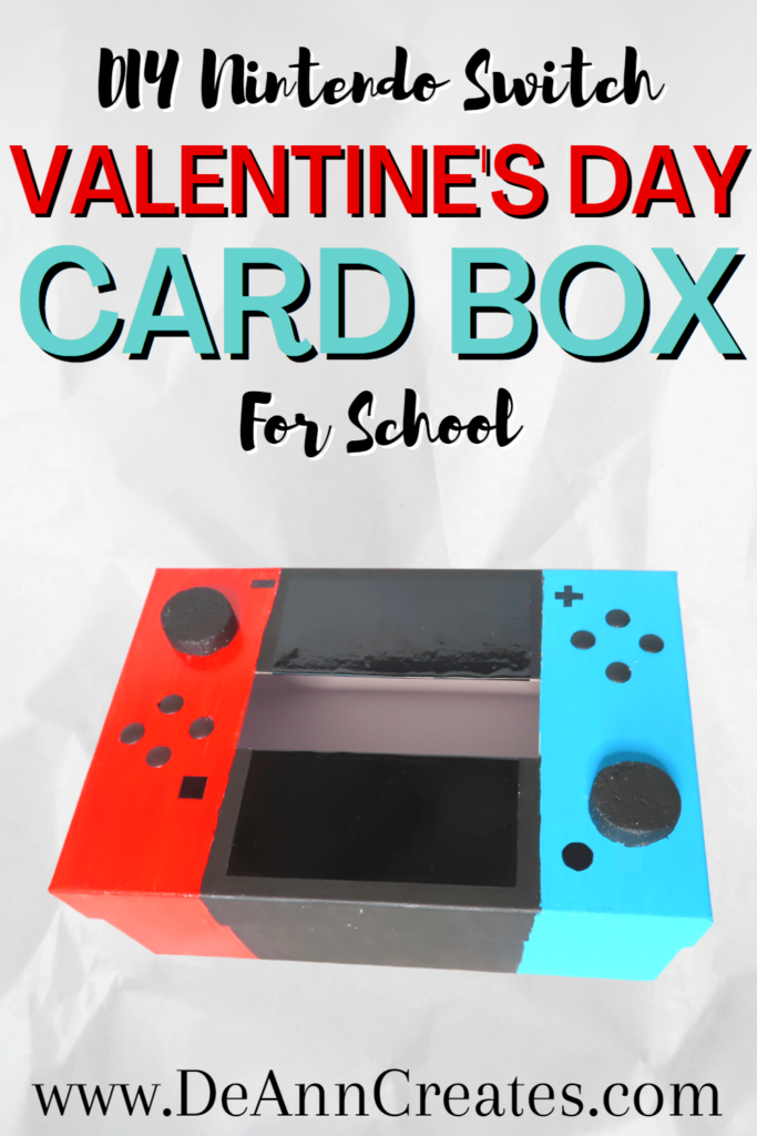 This image shows a Pinterest pin entitled DIY Nintendo Switch Valentine's Day Card Box for School. The image on the pin is a card box painted to look like a red, black, and turquoise Nintendo Switch.