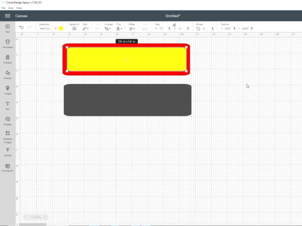 This image shows the Cricut Design App screen with 3 horizontal rectangles that will be used to create the bookmark. The yellow rectangle is on top of the red rectangle and the black rectangle is right below them.