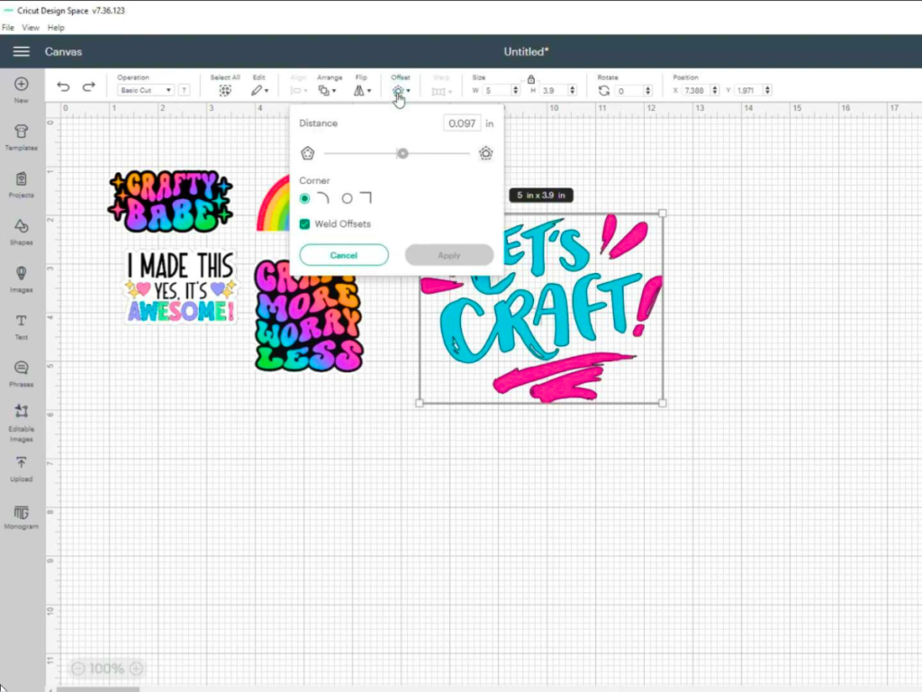 This picture shows the Print Then Cut Images added to the Cricut desktop. By clicking the Offset button, the mouse added a white border around the chosen picture. | How to Make Stickers with Cricut: Crafting Made Easy