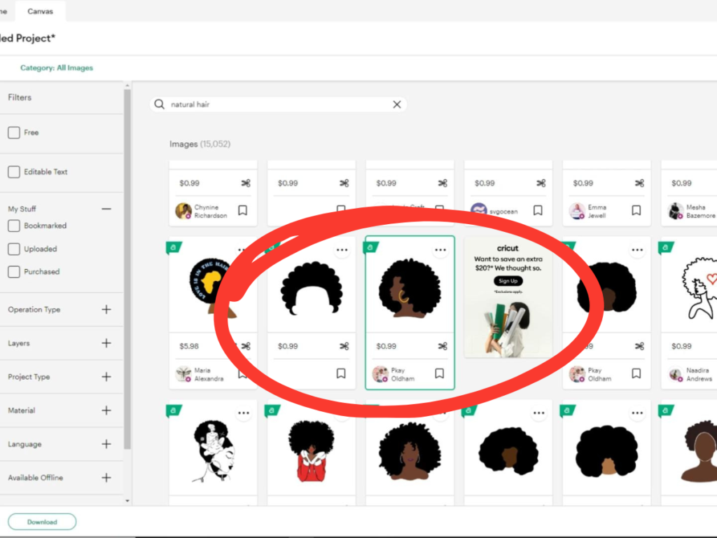 This image shows options in Cricut Design Space after typing in "natural hair". The image selecting shows a black woman with hoop earrings and an afro.