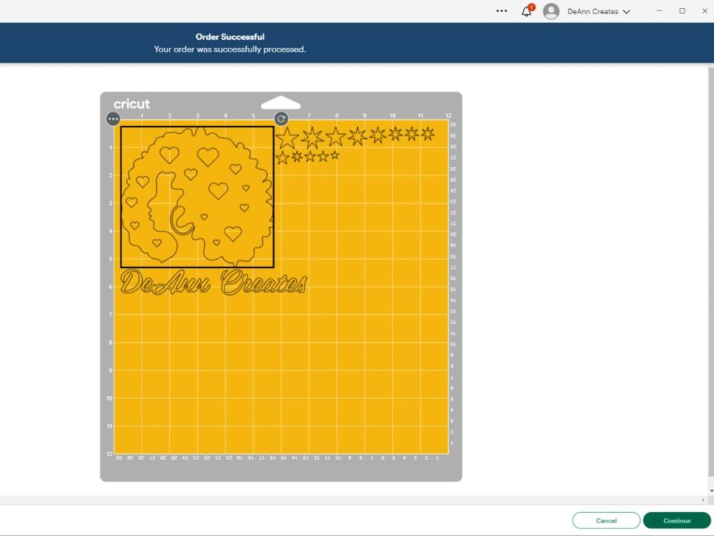 This image shows the design of a woman with an afro, star bursts and stars, after hitting the "Make It" button on Cricut Design Space when it's about to be cut out