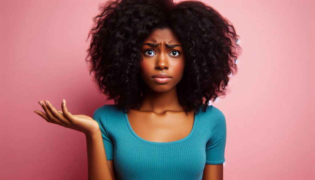 This image shows an African American young lady with curly natural hair looking confused wearing a turquoise shirt