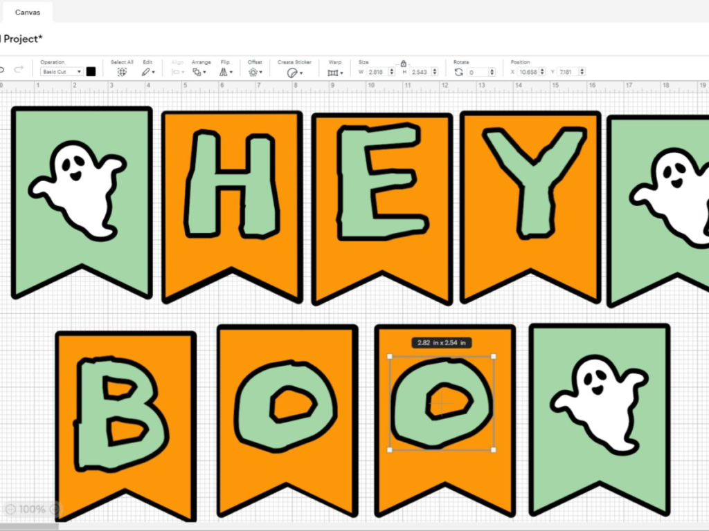 This image shows the "Hey Boo" banner after adding letters and offsets for each letter in Cricut Design Space | How to Make a Banner for Halloween That's Cute and Spooky